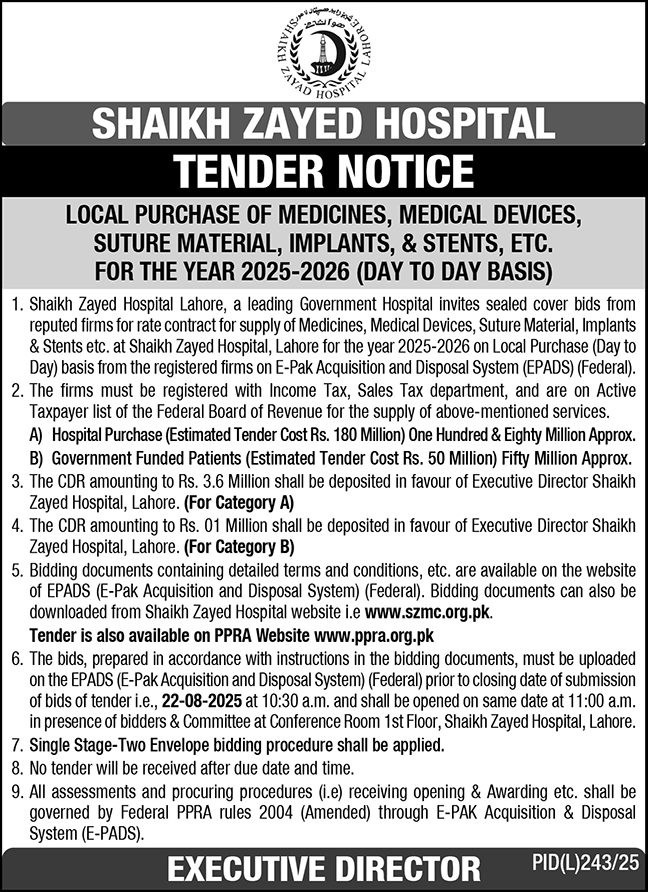 Shaikh Zyed Hospital Lahore Tender Notice